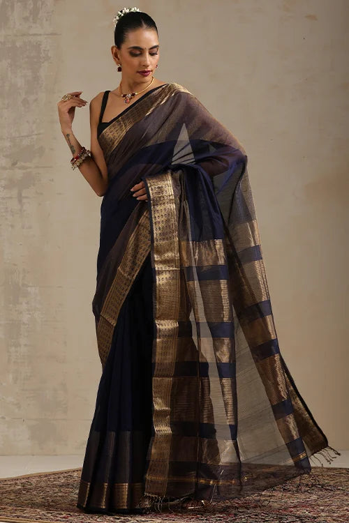 Handweave Maheshwari Handloom Diamond Silk Cotton Navy Blue Saree.