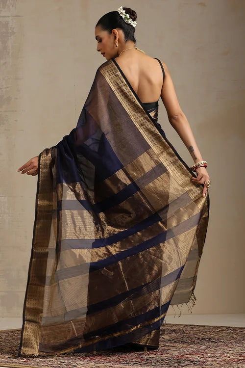 Handweave Maheshwari Handloom Diamond Silk Cotton Navy Blue Saree.