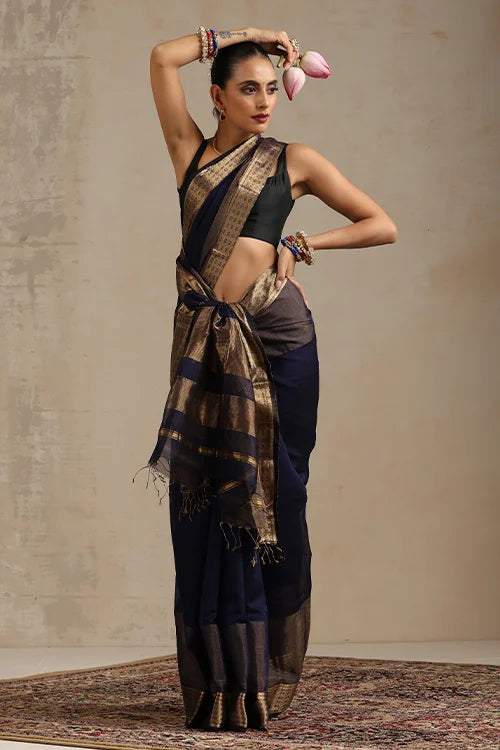 Handweave Maheshwari Handloom Diamond Silk Cotton Navy Blue Saree.
