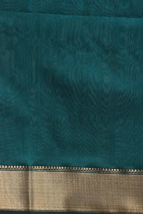 Handweave Maheshwari Handloom Deep Teal Silk Cotton Zari Border  Ruiphool Buti Saree.