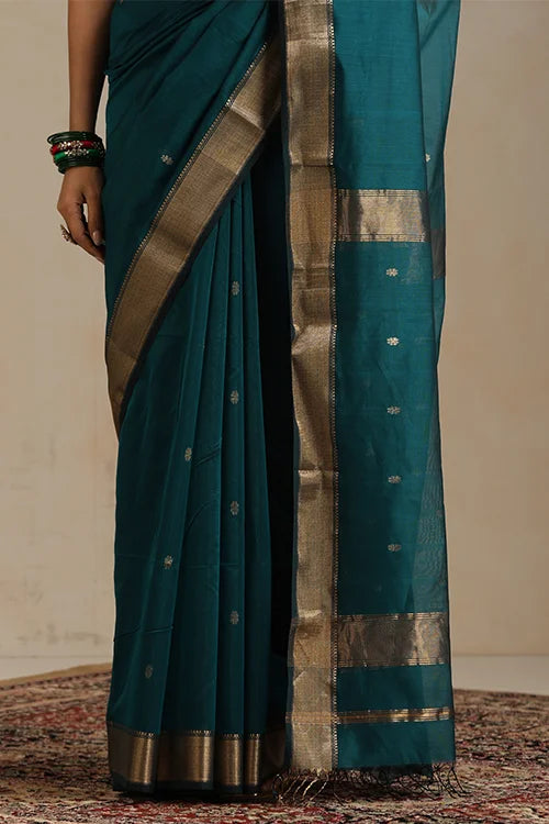 Handweave Maheshwari Handloom Deep Teal Silk Cotton Zari Border  Ruiphool Buti Saree.