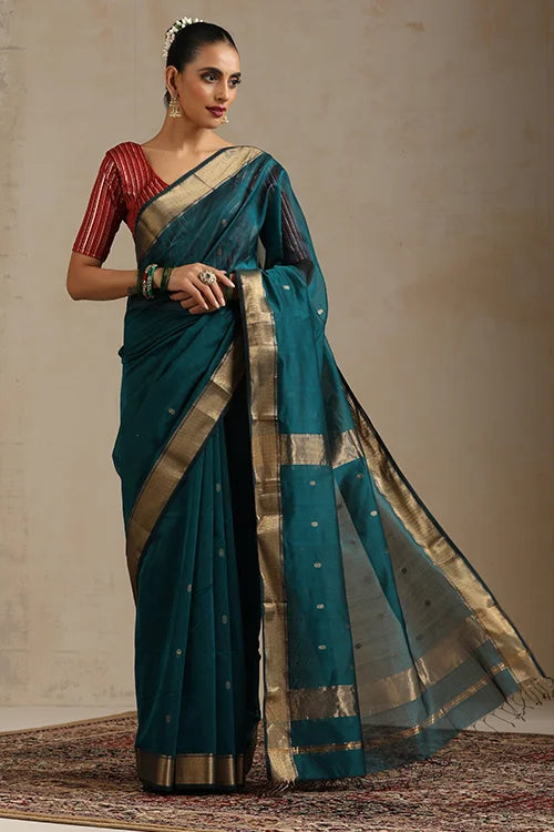 Handweave Maheshwari Handloom Deep Teal Silk Cotton Zari Border  Ruiphool Buti Saree.