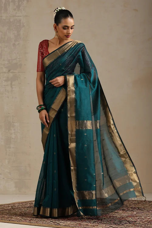 Handweave Maheshwari Handloom Deep Teal Silk Cotton Zari Border  Ruiphool Buti Saree.