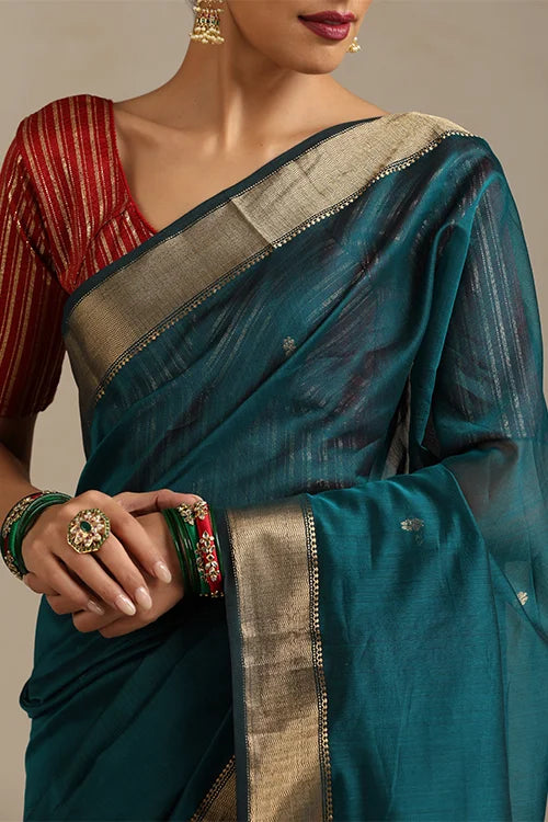 Handweave Maheshwari Handloom Deep Teal Silk Cotton Zari Border  Ruiphool Buti Saree.