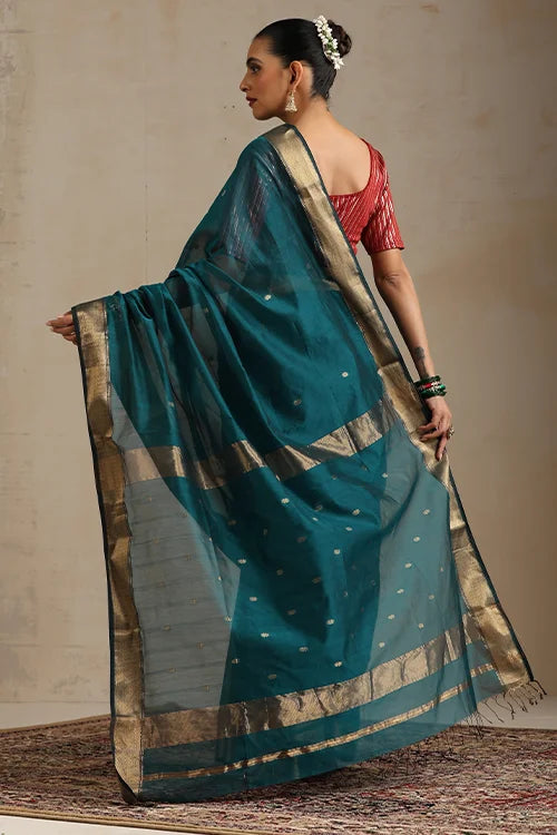 Handweave Maheshwari Handloom Deep Teal Silk Cotton Zari Border  Ruiphool Buti Saree.