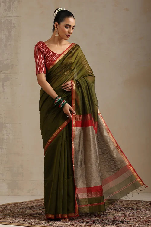 Handweave Maheshwari Handloom Mehendi Silk Cotton Kosa Pallu Saree With Zari Border.