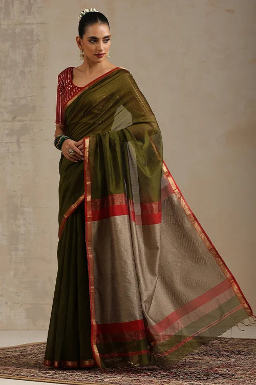 Handweave Maheshwari Handloom Mehendi Silk Cotton Kosa Pallu Saree With Zari Border.