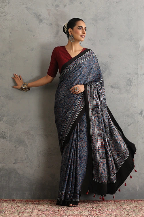 TENAARO Riyal Motif Indigo Ajrakh Hand Block Printed Modal Silk Saree