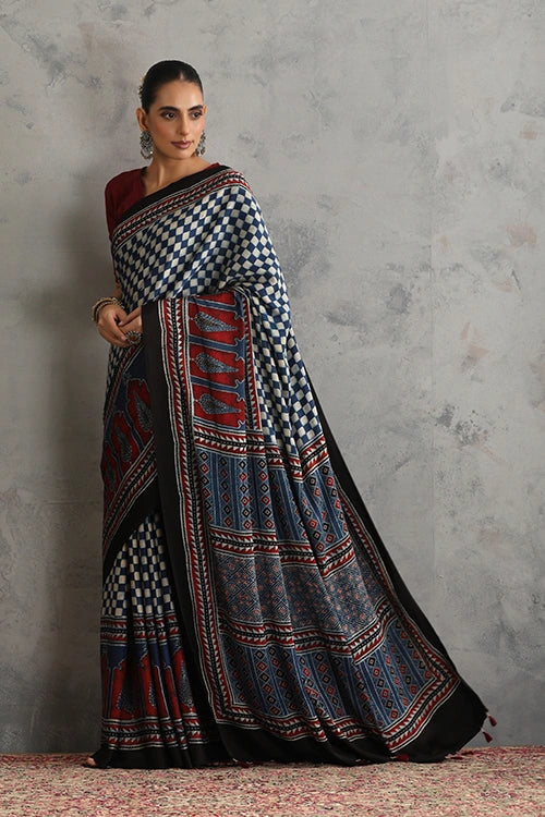 TENAARO Chex Indigo Ajrakh Hand Block Printed Modal Silk Saree