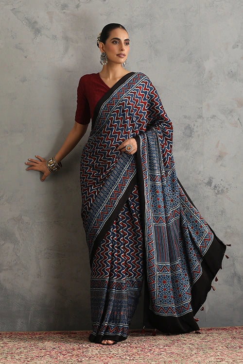 TENAARO Rythmic Indigo Ajrakh Hand Block Printed Modal Silk Saree