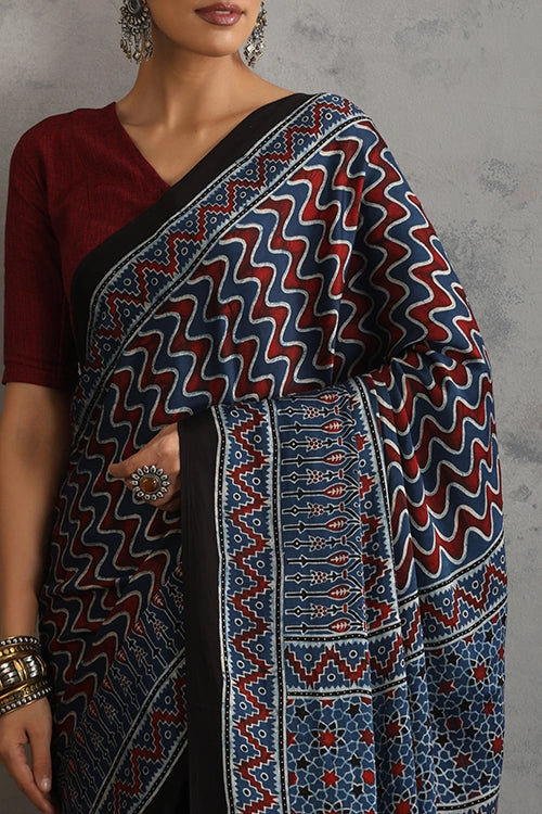 TENAARO Rythmic Indigo Ajrakh Hand Block Printed Modal Silk Saree
