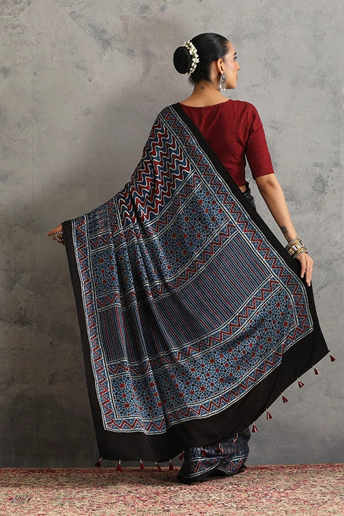 TENAARO Rythmic Indigo Ajrakh Hand Block Printed Modal Silk Saree