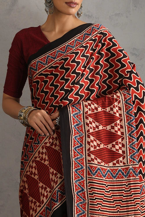 TENAARO Layered Dramatic Red Ajrakh Hand Block Printed Modal Silk Saree