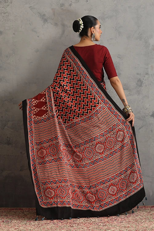 TENAARO Layered Dramatic Red Ajrakh Hand Block Printed Modal Silk Saree