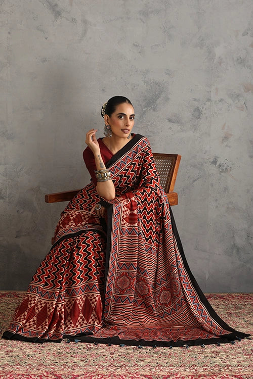 TENAARO Layered Dramatic Red Ajrakh Hand Block Printed Modal Silk Saree
