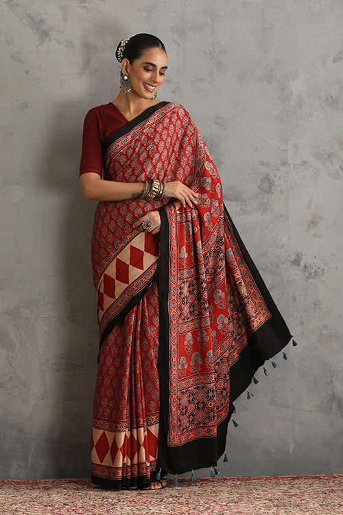 TENAARO Ornamental Red Ajrakh Hand Block Printed Modal Silk Saree