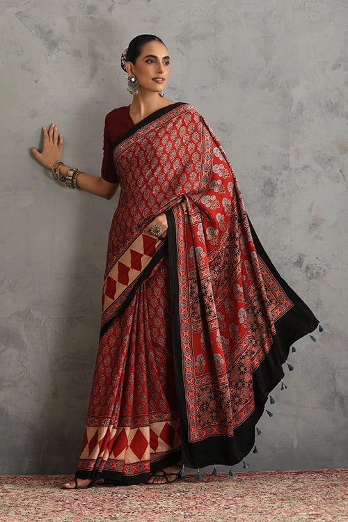 TENAARO Ornamental Red Ajrakh Hand Block Printed Modal Silk Saree