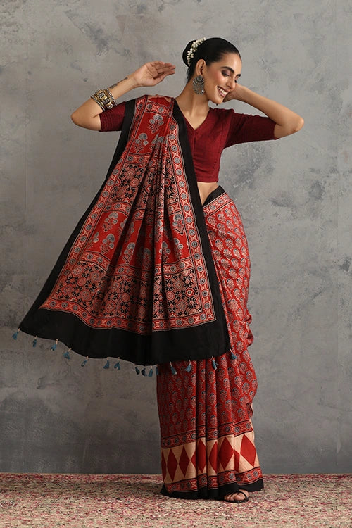 TENAARO Ornamental Red Ajrakh Hand Block Printed Modal Silk Saree
