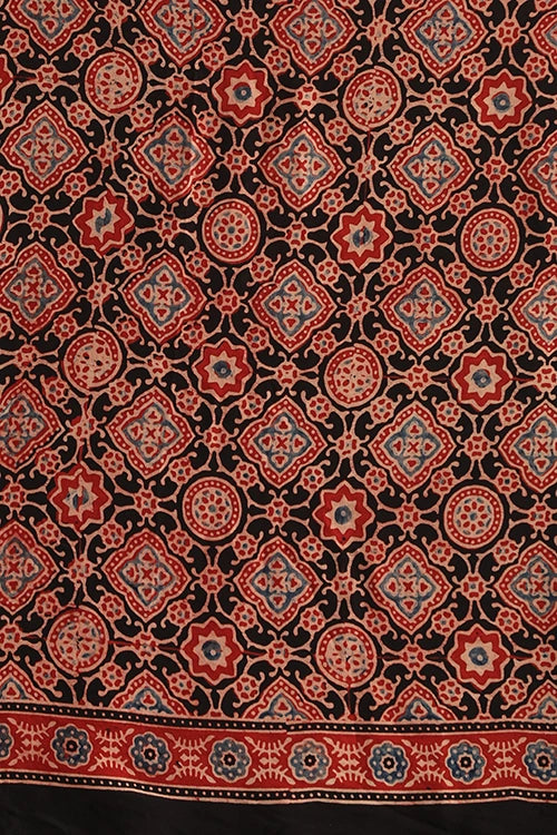 TENAARO Ornamental Red Ajrakh Hand Block Printed Modal Silk Saree