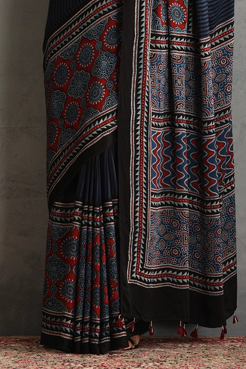 TENAARO Striped Texture Indigo Ajrakh Hand Block Printed Modal Silk Saree