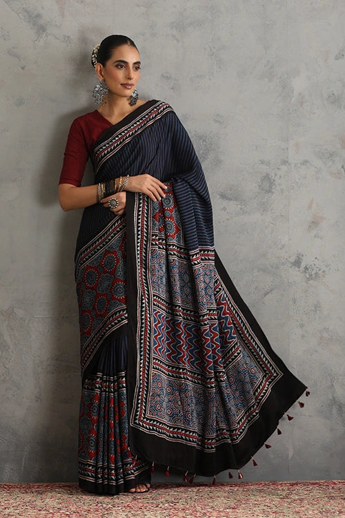 TENAARO Striped Texture Indigo Ajrakh Hand Block Printed Modal Silk Saree