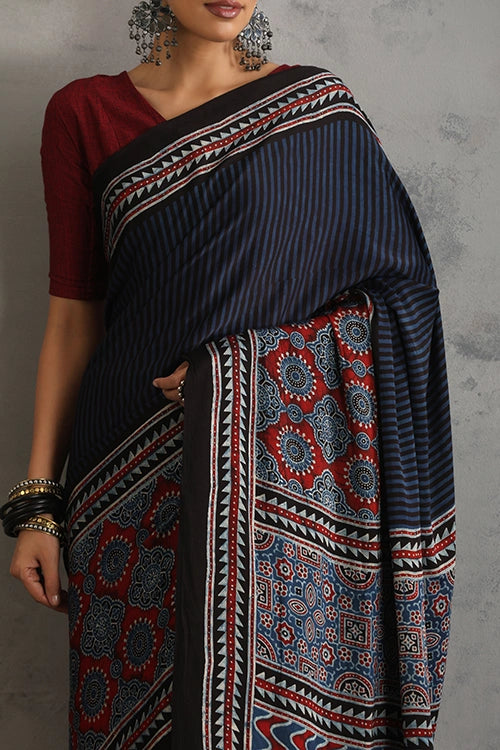 TENAARO Striped Texture Indigo Ajrakh Hand Block Printed Modal Silk Saree
