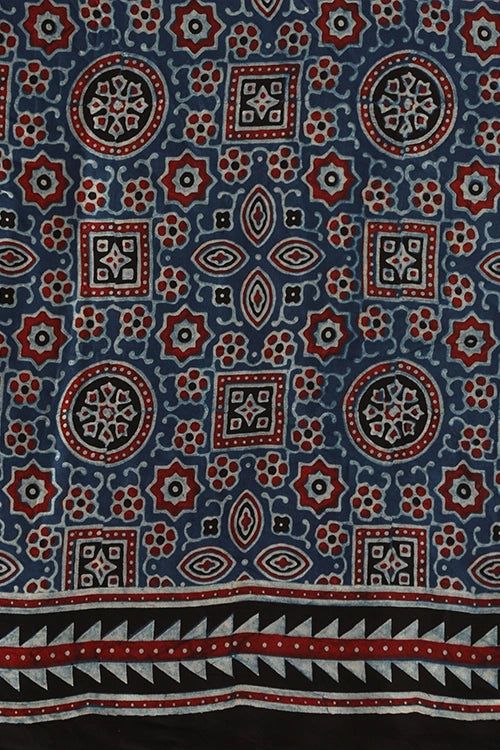 TENAARO Striped Texture Indigo Ajrakh Hand Block Printed Modal Silk Saree