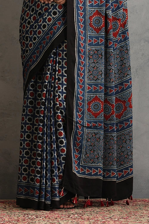 TENAARO Star Indigo Ajrakh Hand Block Printed Modal Silk Saree