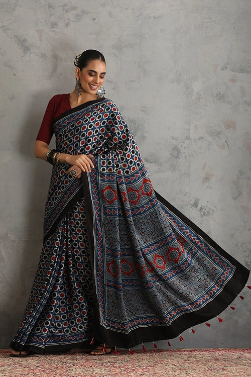 TENAARO Star Indigo Ajrakh Hand Block Printed Modal Silk Saree