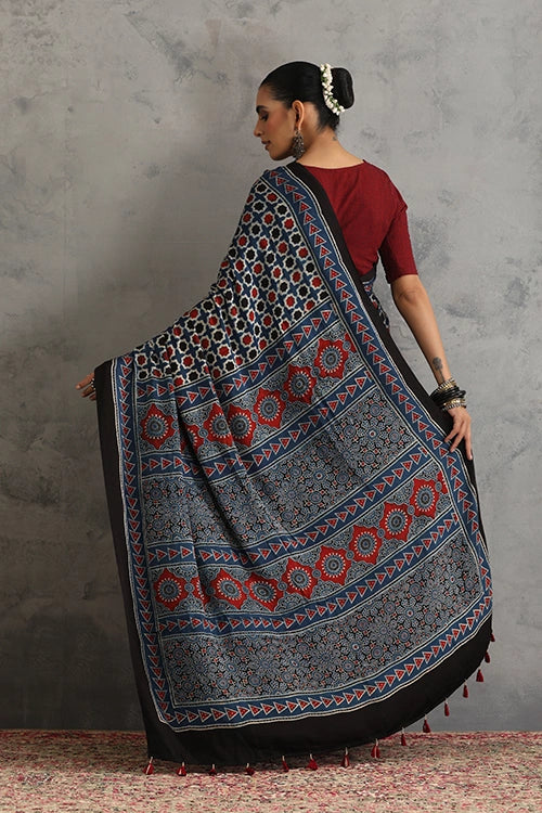TENAARO Star Indigo Ajrakh Hand Block Printed Modal Silk Saree