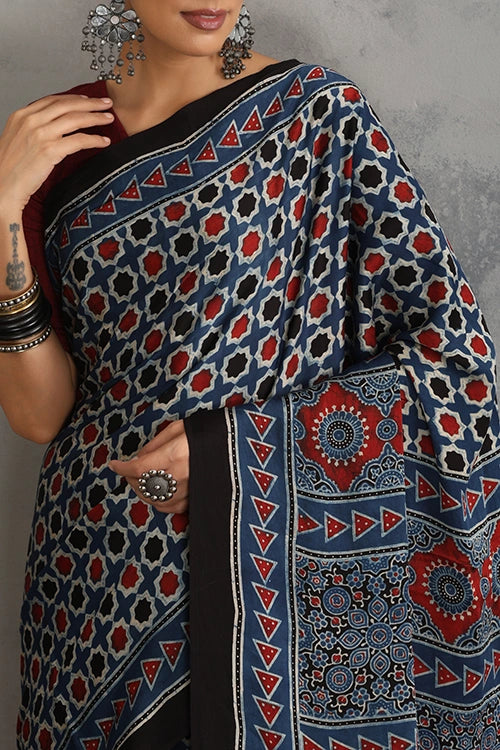 TENAARO Star Indigo Ajrakh Hand Block Printed Modal Silk Saree