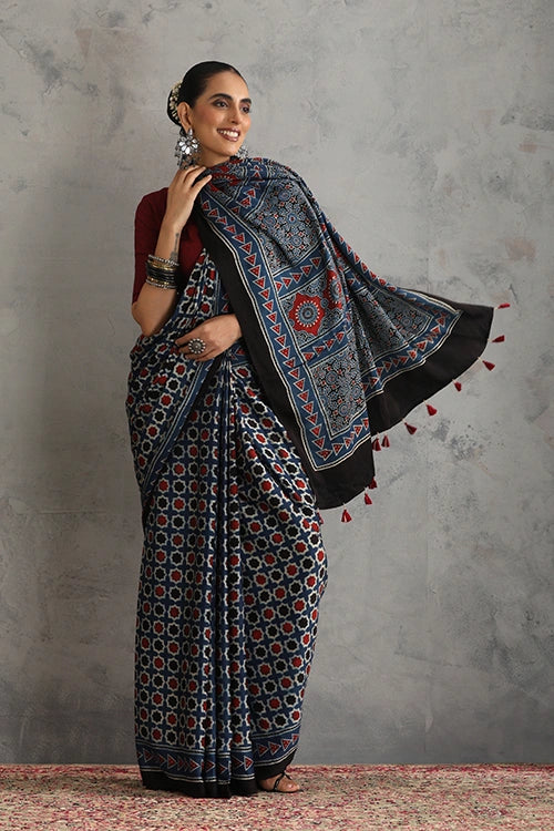 TENAARO Star Indigo Ajrakh Hand Block Printed Modal Silk Saree