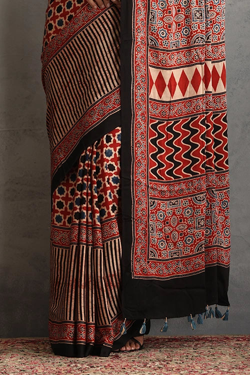 TENAARO Star Red Ajrakh Hand Block Printed Modal Silk Saree