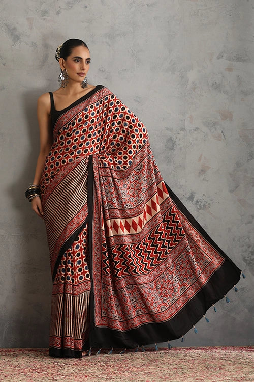 TENAARO Star Red Ajrakh Hand Block Printed Modal Silk Saree