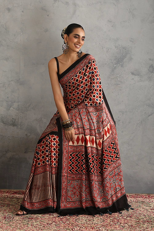 TENAARO Star Red Ajrakh Hand Block Printed Modal Silk Saree
