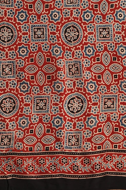 TENAARO Star Red Ajrakh Hand Block Printed Modal Silk Saree
