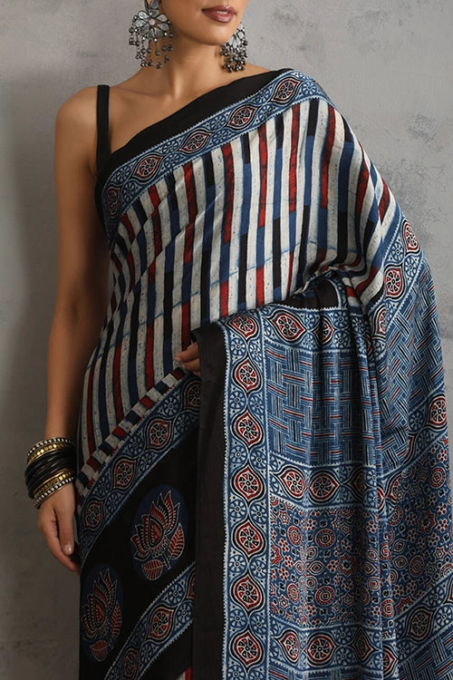 TENAARO Chromatic Indigo Ajrakh Hand Block Printed Modal Silk Saree