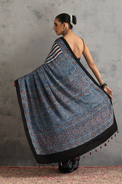 TENAARO Chromatic Indigo Ajrakh Hand Block Printed Modal Silk Saree