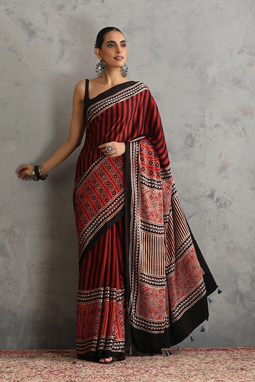 TENAARO Onyx Red Ajrakh Hand Block Printed Modal Silk Saree