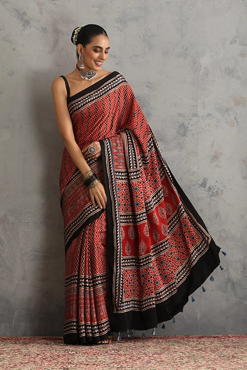TENAARO Zigzag Red Ajrakh Hand Block Printed Modal Silk Saree