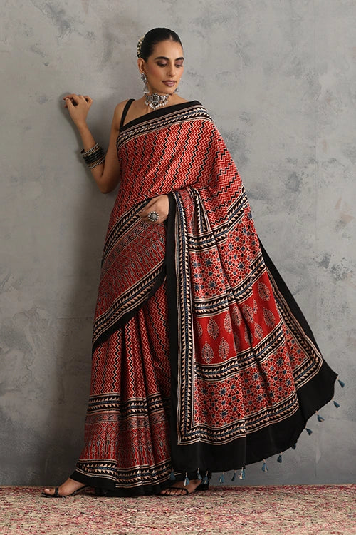 TENAARO Zigzag Red Ajrakh Hand Block Printed Modal Silk Saree