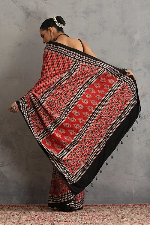 TENAARO Zigzag Red Ajrakh Hand Block Printed Modal Silk Saree