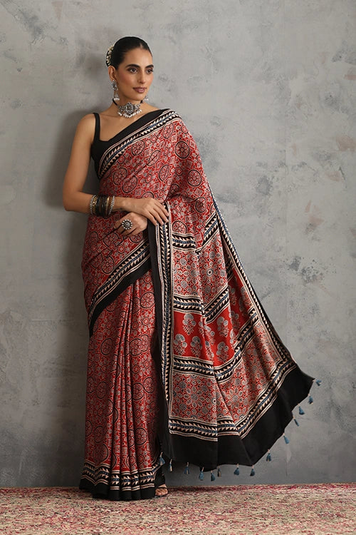 TENAARO Riyaal Red Ajrakh Hand Block Printed Modal Silk Saree