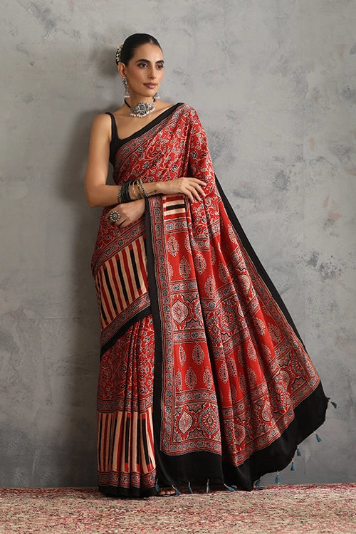 TENAARO Flowery Red Ajrakh Hand Block Printed Modal Silk Saree