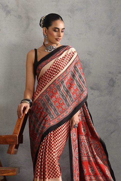 TENAARO Chex Red Ajrakh Hand Block Printed Modal Silk Saree