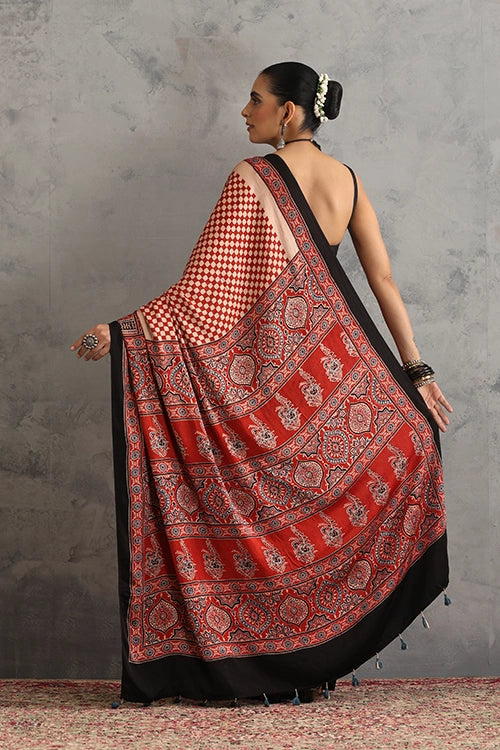 TENAARO Chex Red Ajrakh Hand Block Printed Modal Silk Saree
