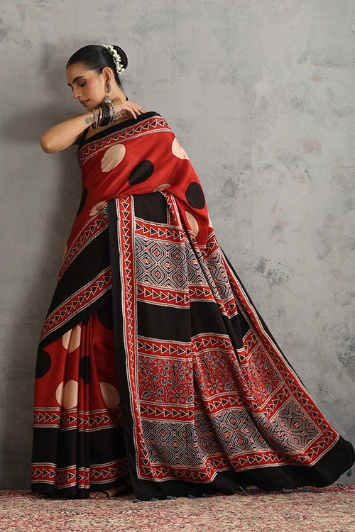 TENAARO Circle Red Ajrakh Hand Block Printed Modal Silk Saree