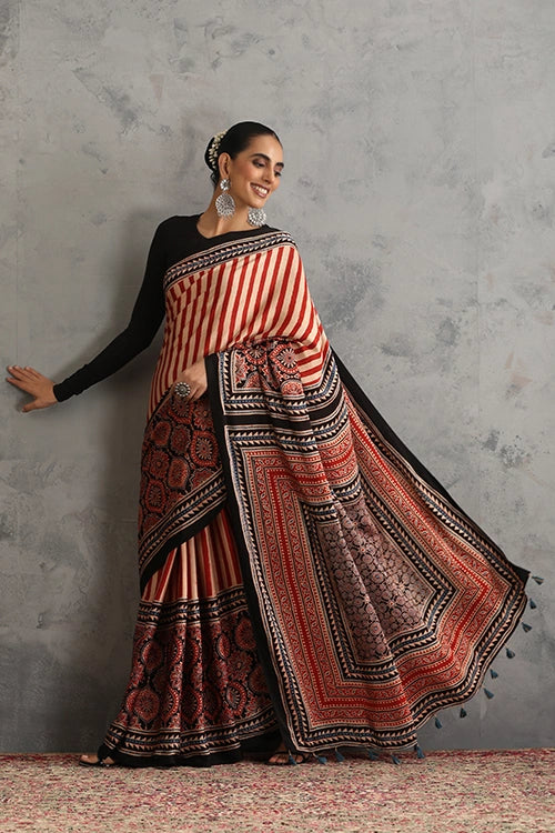 TENAARO Pinstripe Red Ajrakh Hand Block Printed Modal Silk Saree