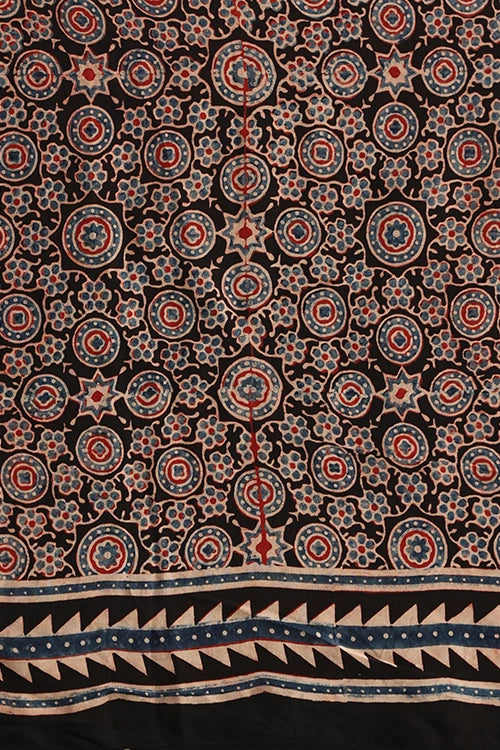TENAARO Pinstripe Red Ajrakh Hand Block Printed Modal Silk Saree