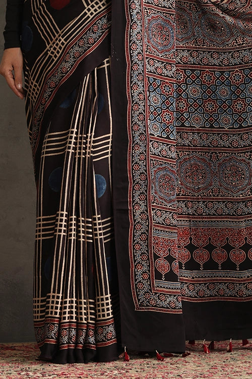 TENAARO Geometry Black Ajrakh Hand Block Printed Modal Saree